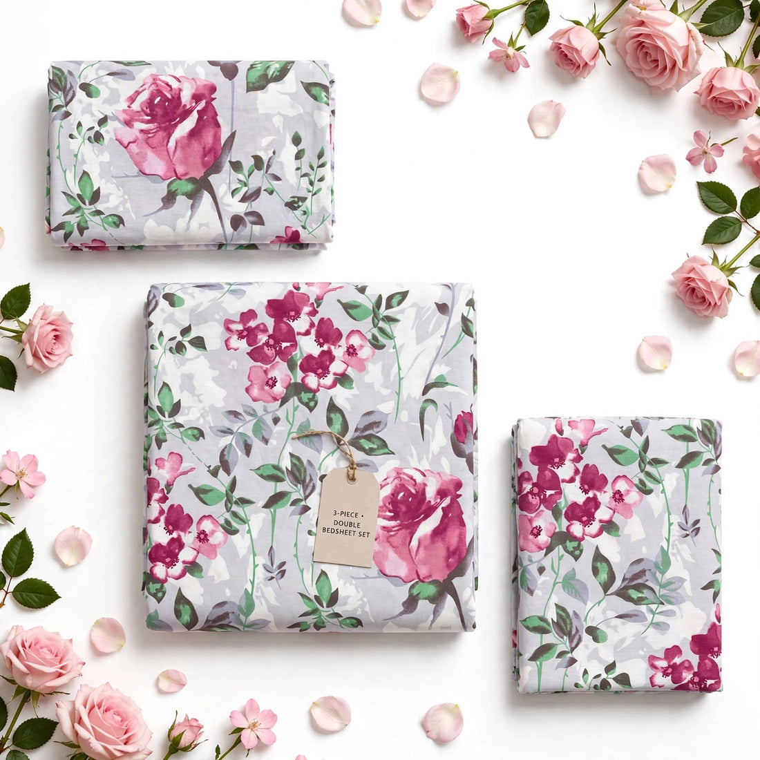 Magenta Rose Floral Pure Cotton 3pcs  Bedsheet Set