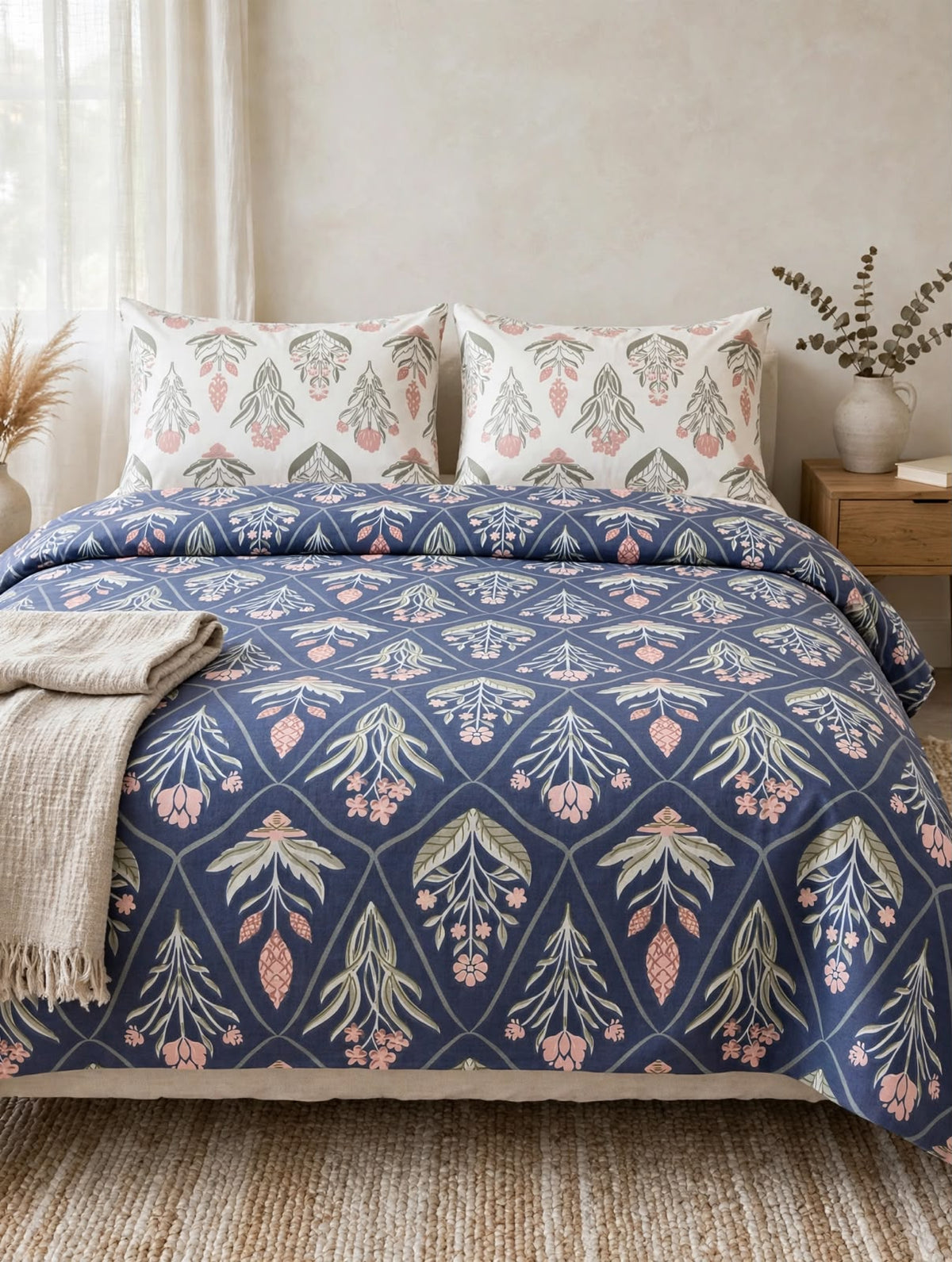 Navy Blue Trellis Floral Pure Cotton 3pcs  Bedsheet Set