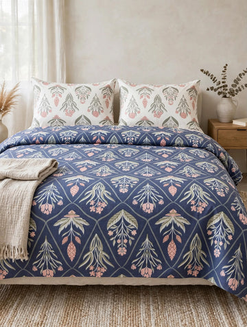 Navy Blue Trellis Floral Pure Cotton 3pcs  Bedsheet Set