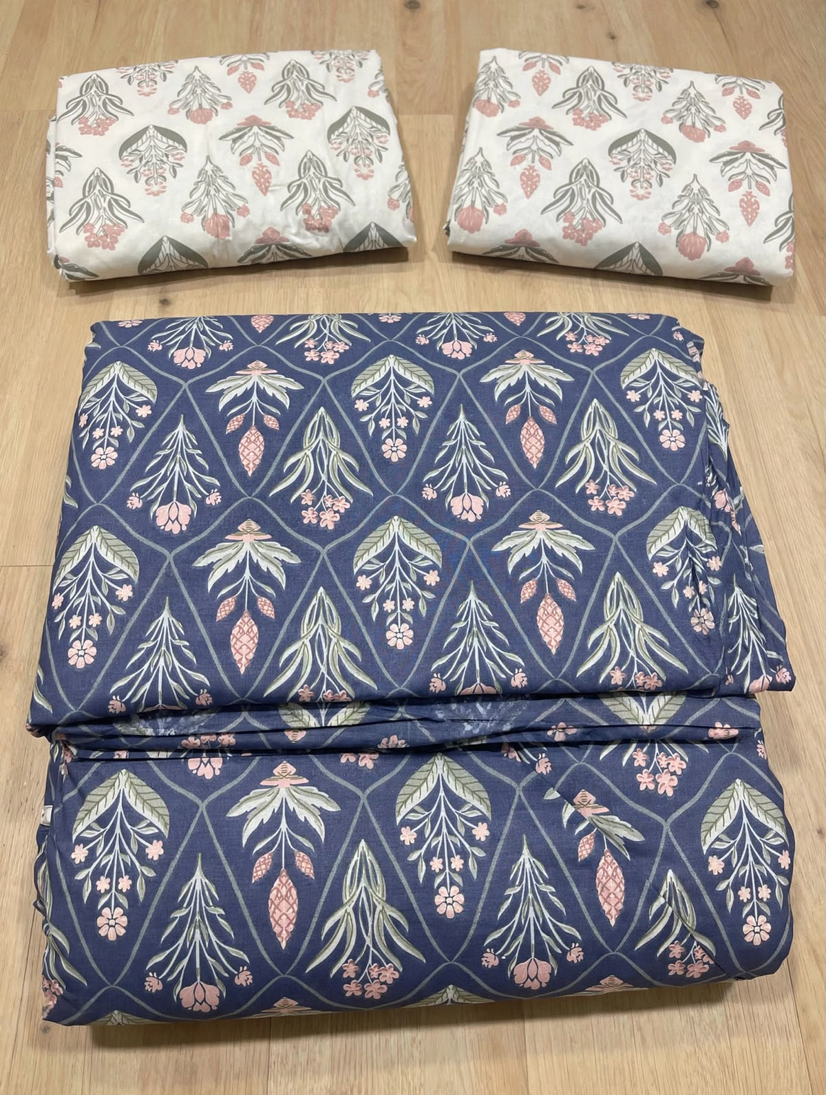 Navy Blue Trellis Floral Pure Cotton 3pcs  Bedsheet Set