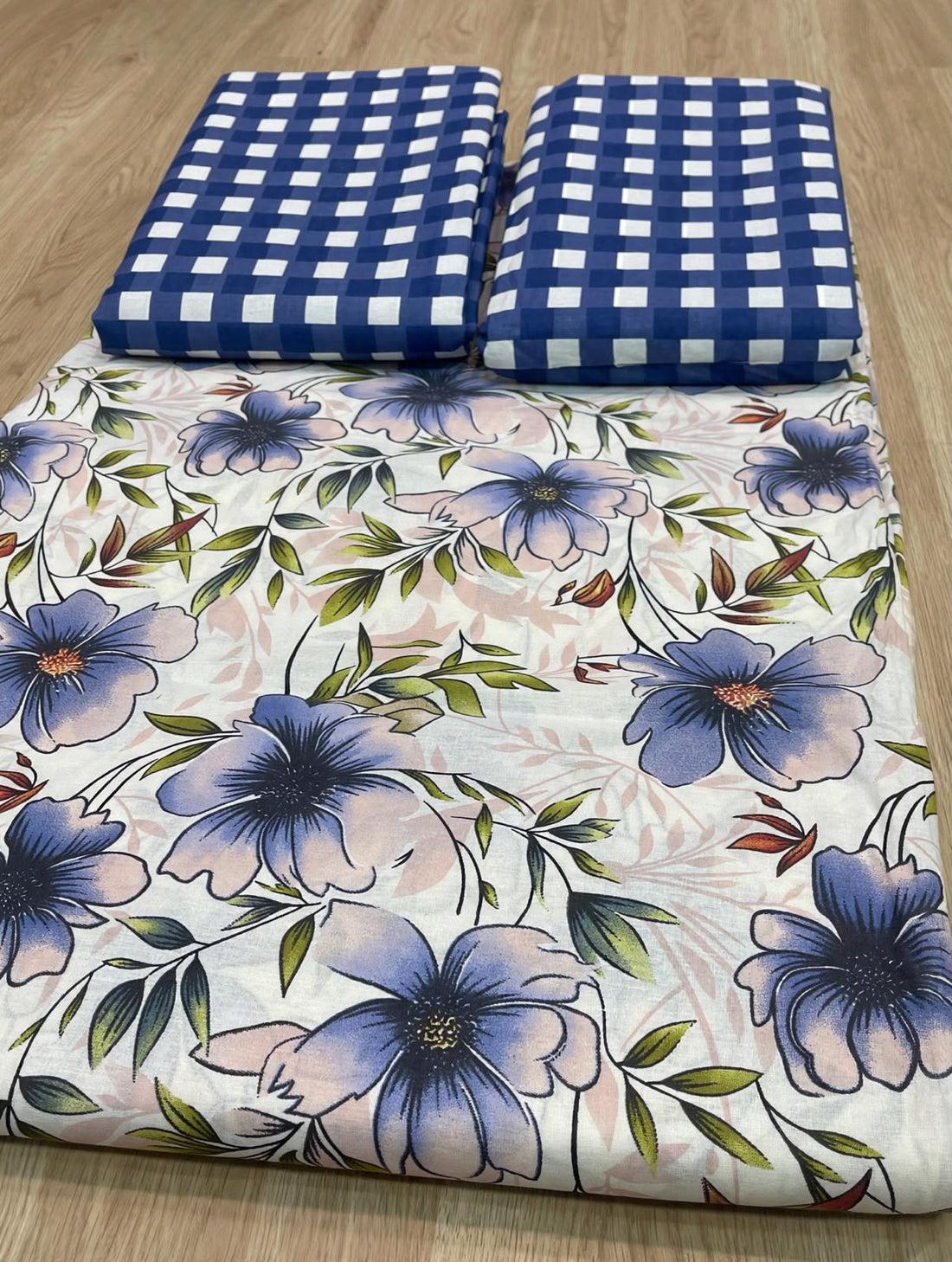 Lavender Floral & Blue Gingham Pure Cotton 3pcs  Bedsheet Set