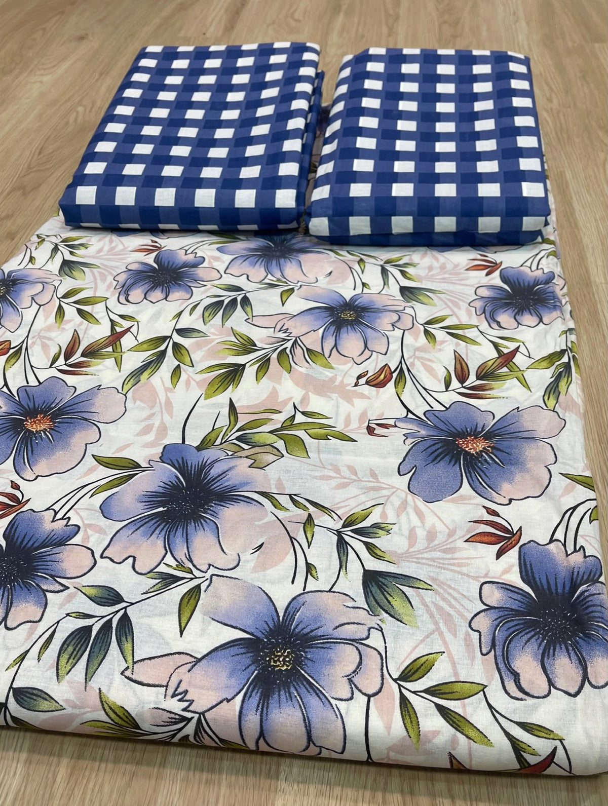 Lavender Floral & Blue Gingham Pure Cotton 3pcs  Bedsheet Set