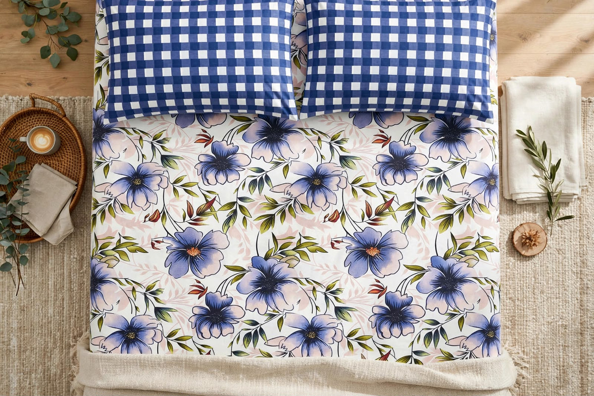 Lavender Floral & Blue Gingham Pure Cotton 3pcs  Bedsheet Set