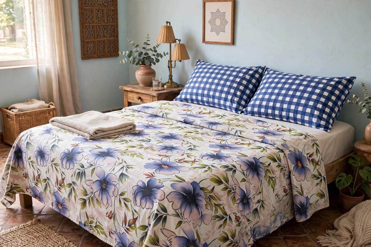 Lavender Floral & Blue Gingham Pure Cotton 3pcs  Bedsheet Set