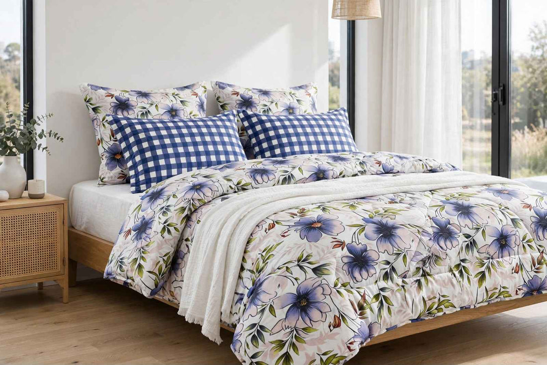 Lavender Floral Bloom & Blue Gingham Pure Cotton 6 Pcs Comforter Set