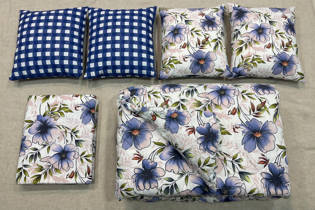 Royal Blue Blossom & Gingham Luxe Pure Cotton Duvet Set
