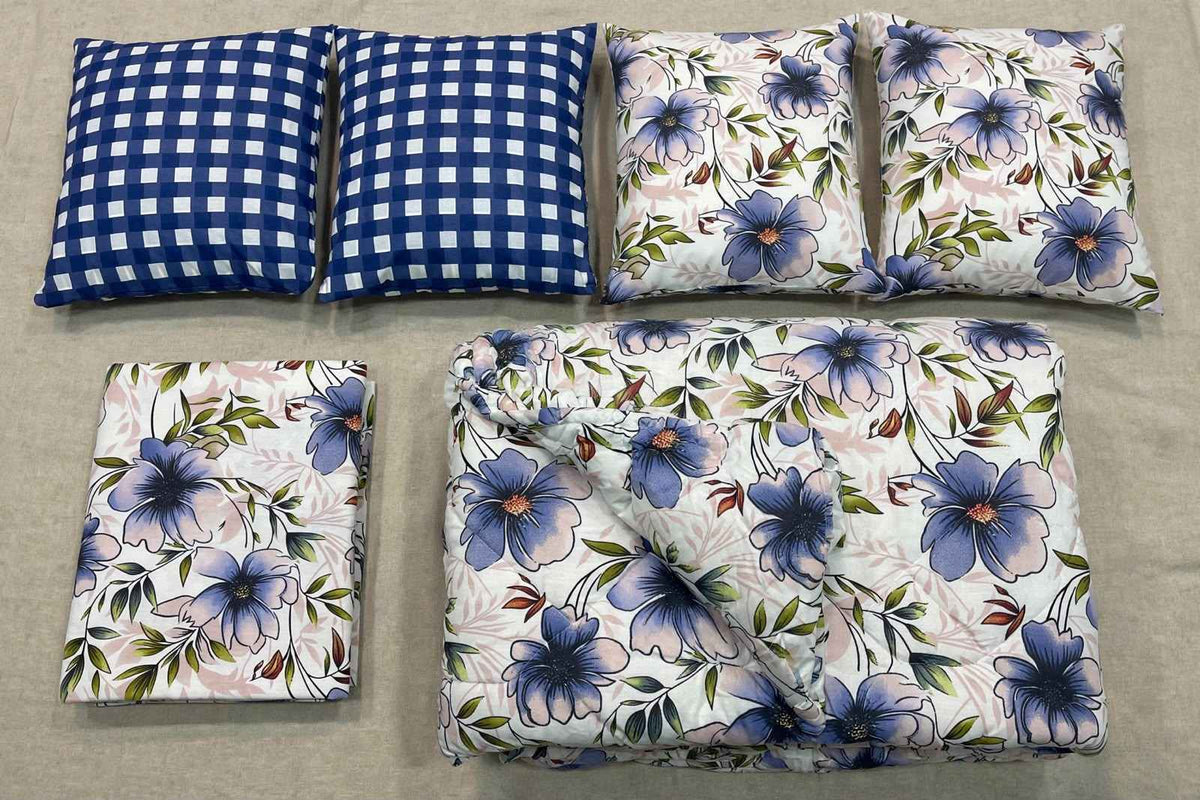 Lavender Floral Bloom & Blue Gingham Pure Cotton 6 Pcs Comforter Set