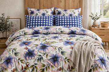 Royal Blue Blossom & Gingham Luxe Pure Cotton Duvet Set