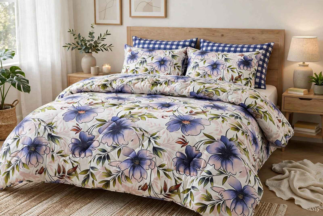 Lavender Floral Bloom & Blue Gingham Pure Cotton 6 Pcs Comforter Set