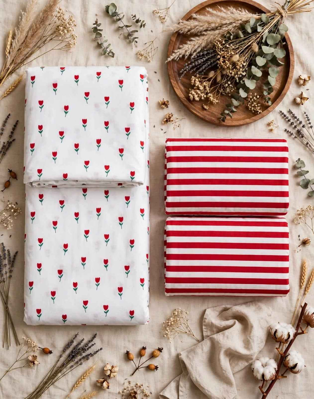 Red Tulip & Candy Stripe Pure Cotton Bedsheet Set