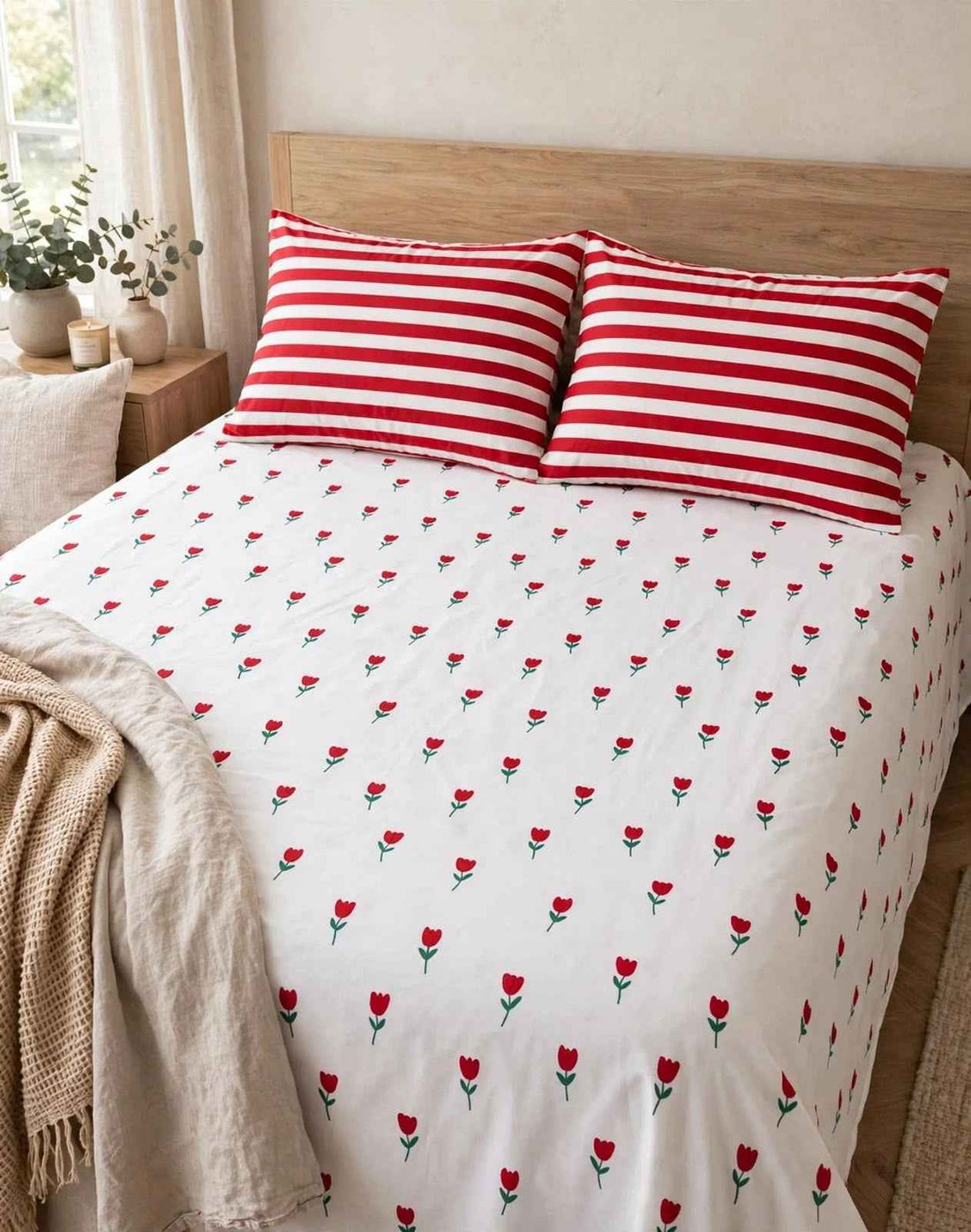Red Tulip & Candy Stripe Pure Cotton Bedsheet Set