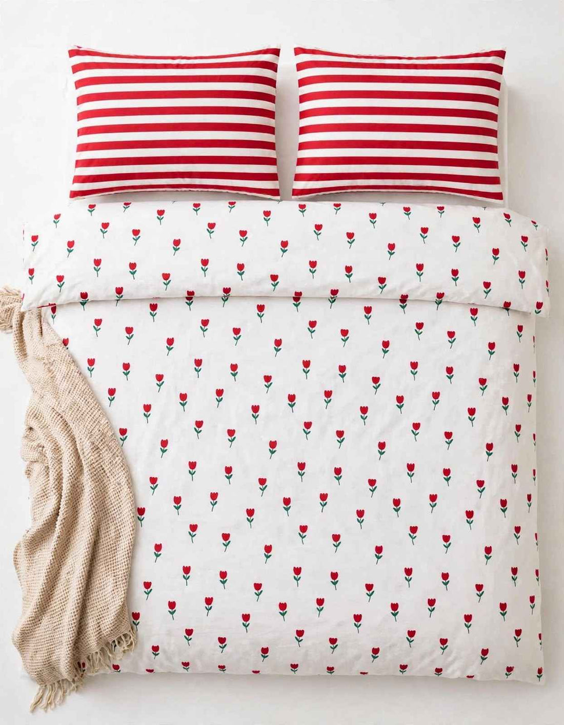 Red Tulip & Striped Pure Cotton Razai Set