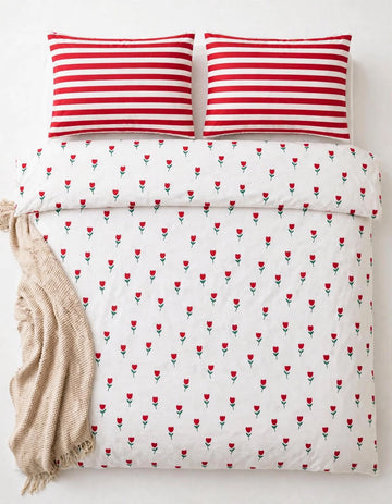 Red Tulip & Candy Stripe Luxe Pure Cotton Duvet Set