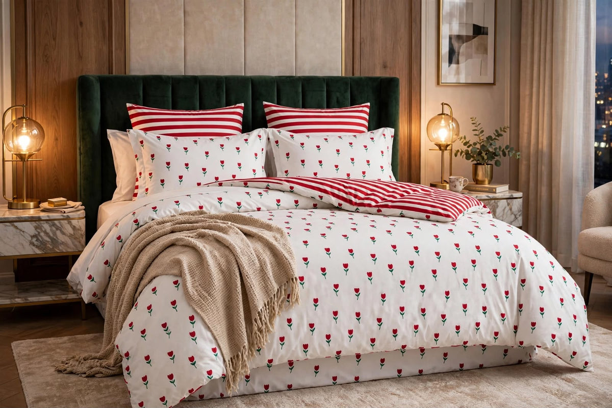 Red Tulip & Candy Stripe Pure Cotton 6 Pcs Comforter Set