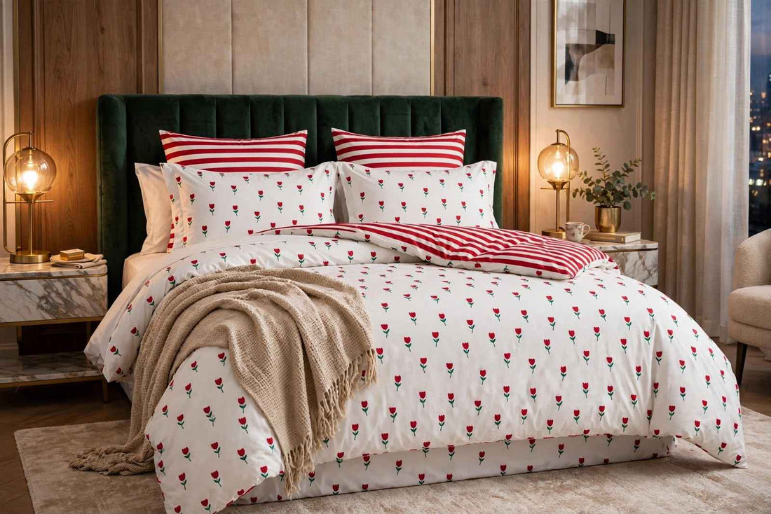 Red Tulip & Striped Pure Cotton Razai Set