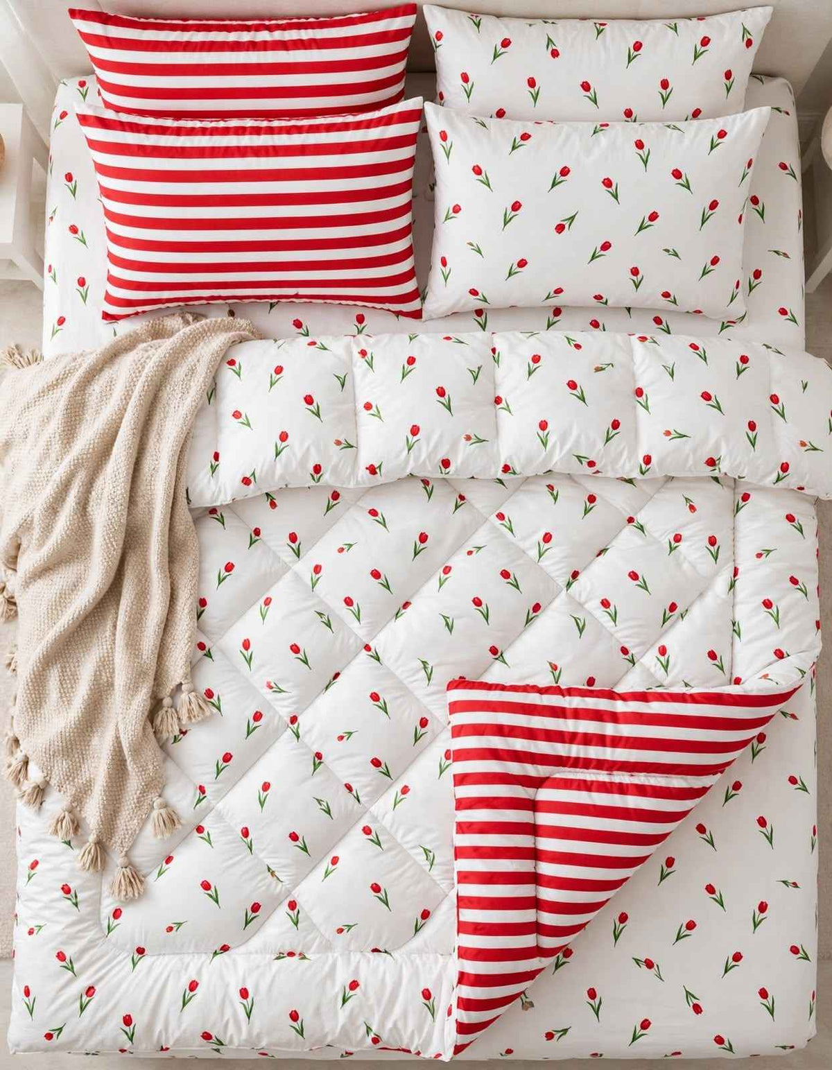 Red Tulip & Striped Pure Cotton Razai Set