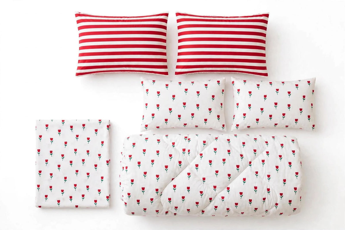 Red Tulip & Candy Stripe Pure Cotton 6 Pcs Comforter Set