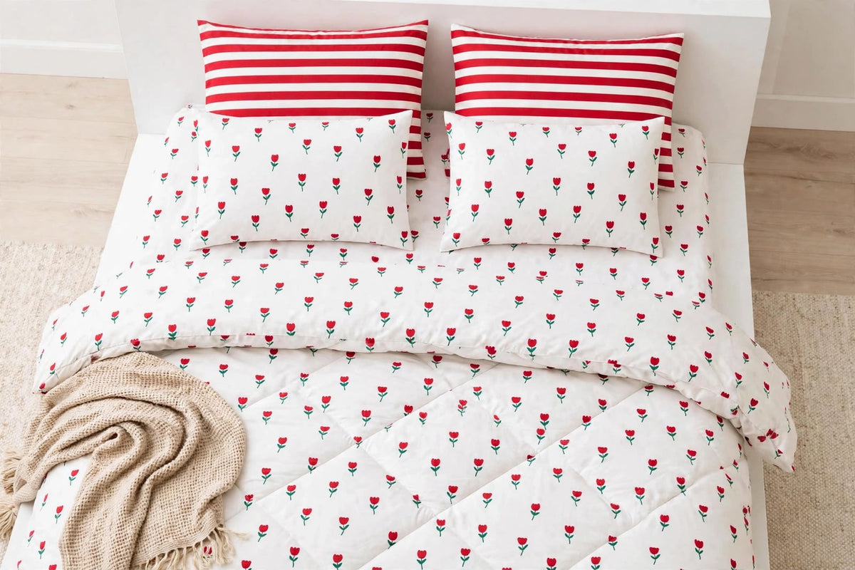 Red Tulip & Candy Stripe Luxe Pure Cotton Duvet Set