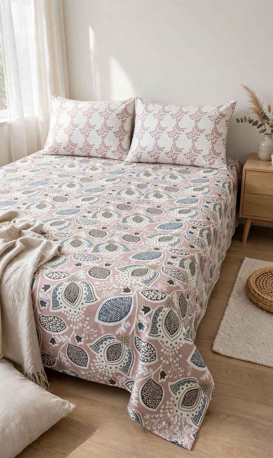Dusty Rose Modern Botanical Pure Cotton Bedsheet Set