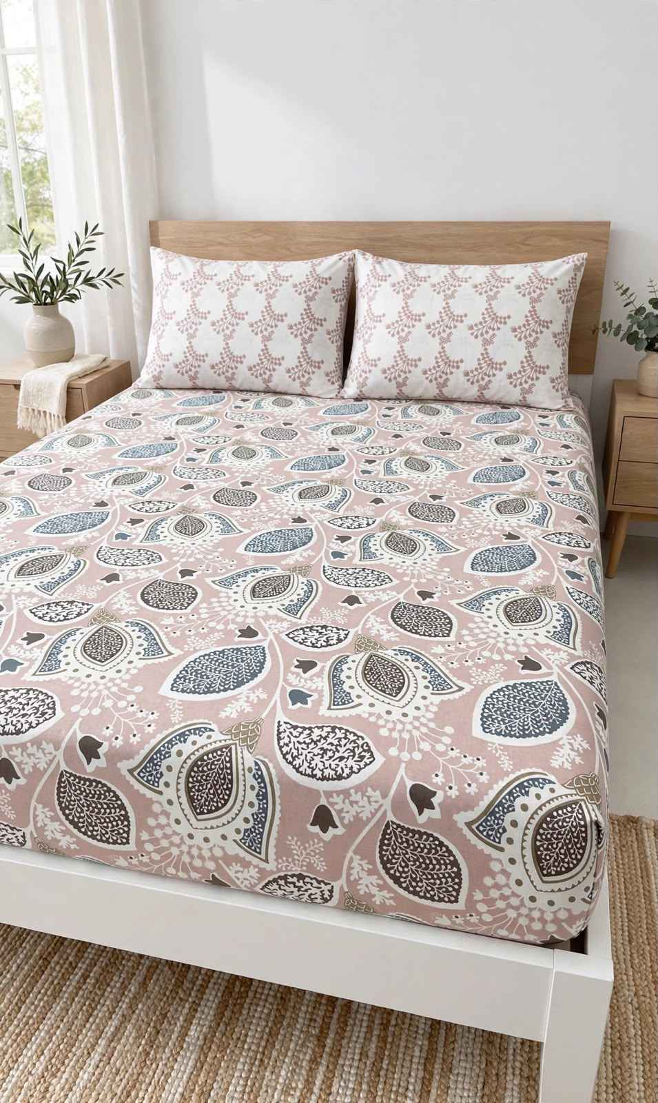 Dusty Rose Modern Botanical Pure Cotton Bedsheet Set