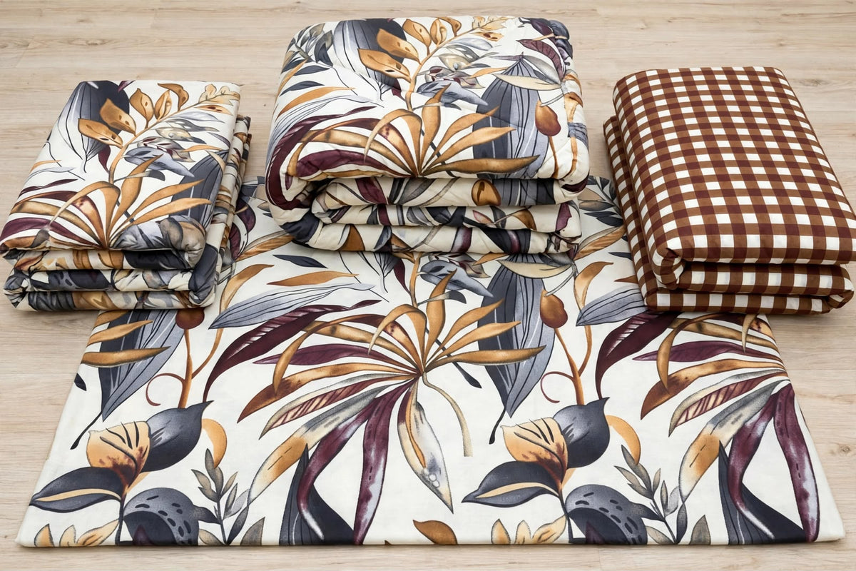 Warm Botanical Leaf & Gingham Pure Cotton 6 Pcs Comforter Set