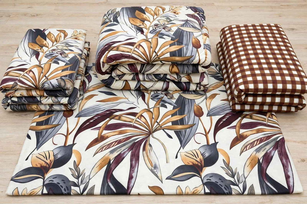 Autumn Foliage & Gingham Check Pure Cotton Razai Set