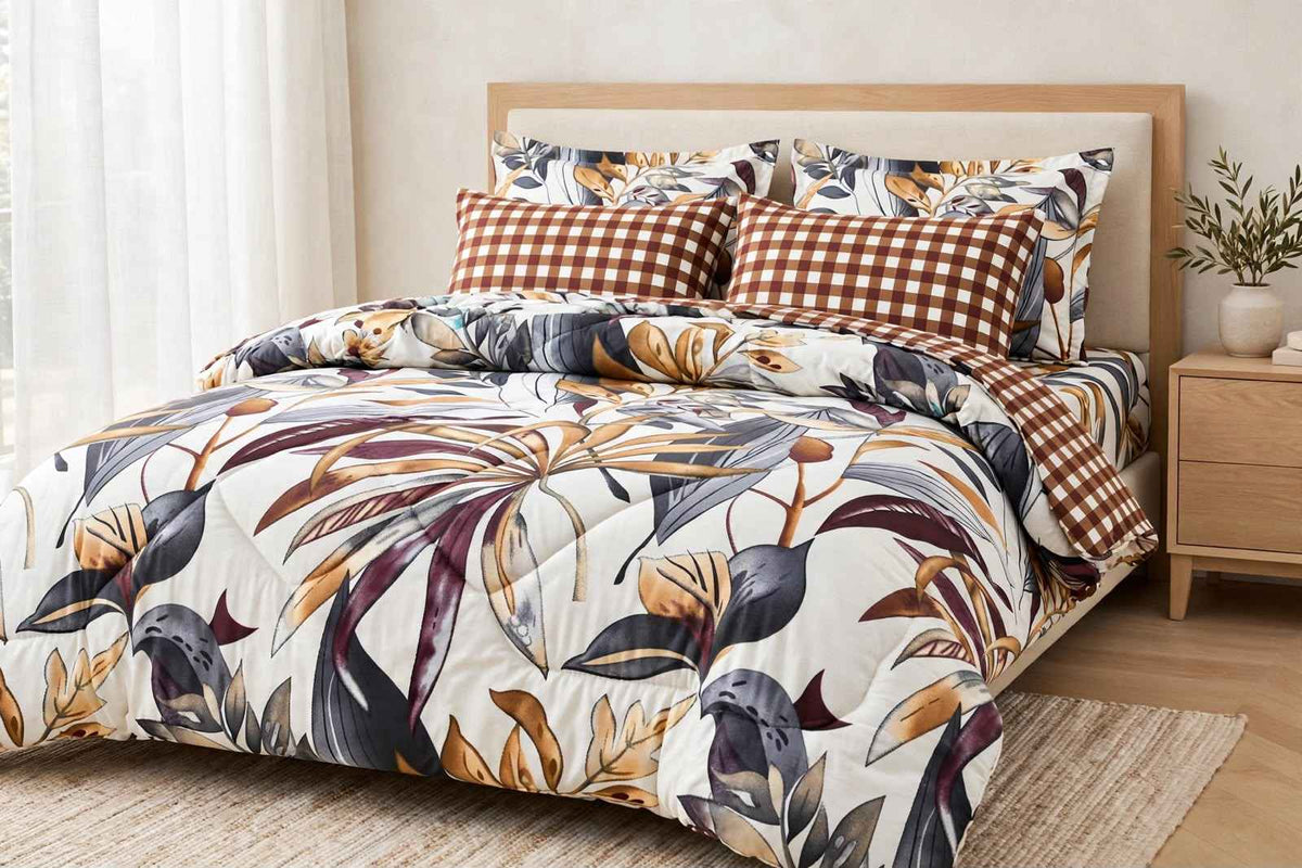 Autumn Foliage & Gingham Check Pure Cotton Razai Set