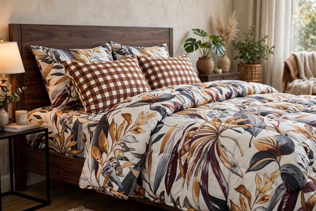 Warm Botanical Leaf & Gingham Pure Cotton 6 Pcs Comforter Set