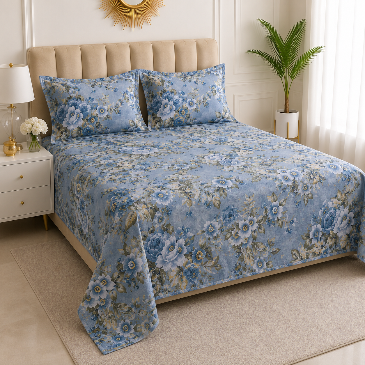 Azure Bloom Premium Floral Bedsheet Set