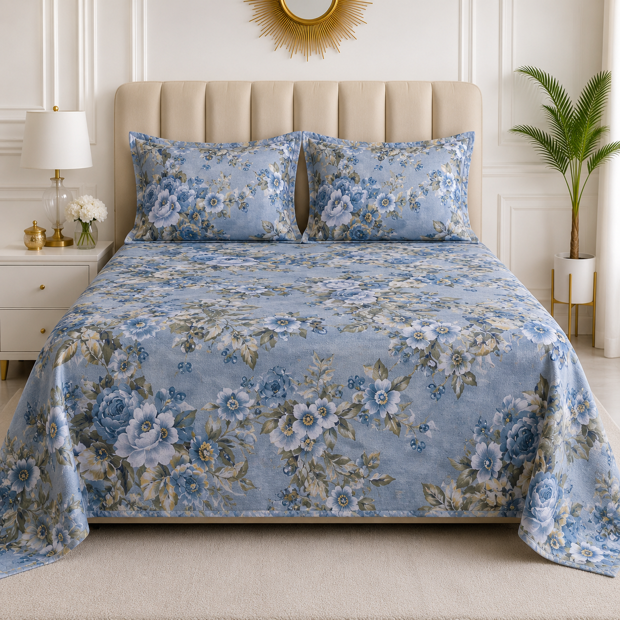 Azure Bloom Premium Floral Bedsheet Set
