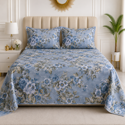 Azure Bloom Premium Floral Bedsheet Set