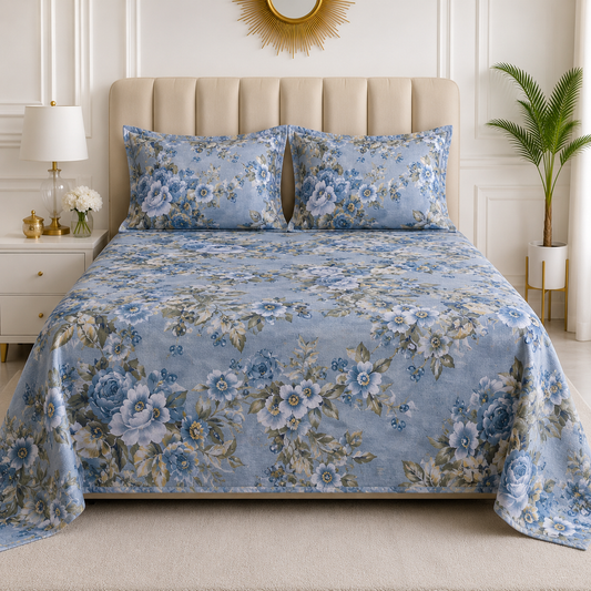 Azure Bloom Premium Floral Bedsheet Set