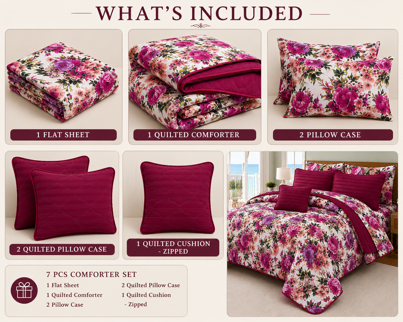 Royal Peony 7-Piece Quilted Comforter Set