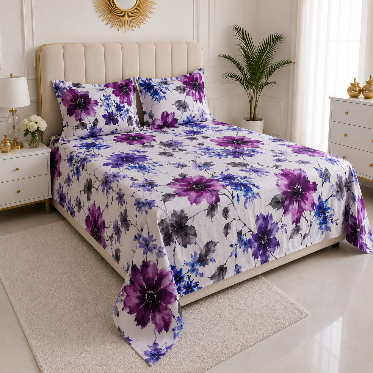 Violet Symphony Premium Floral Bedsheet Set