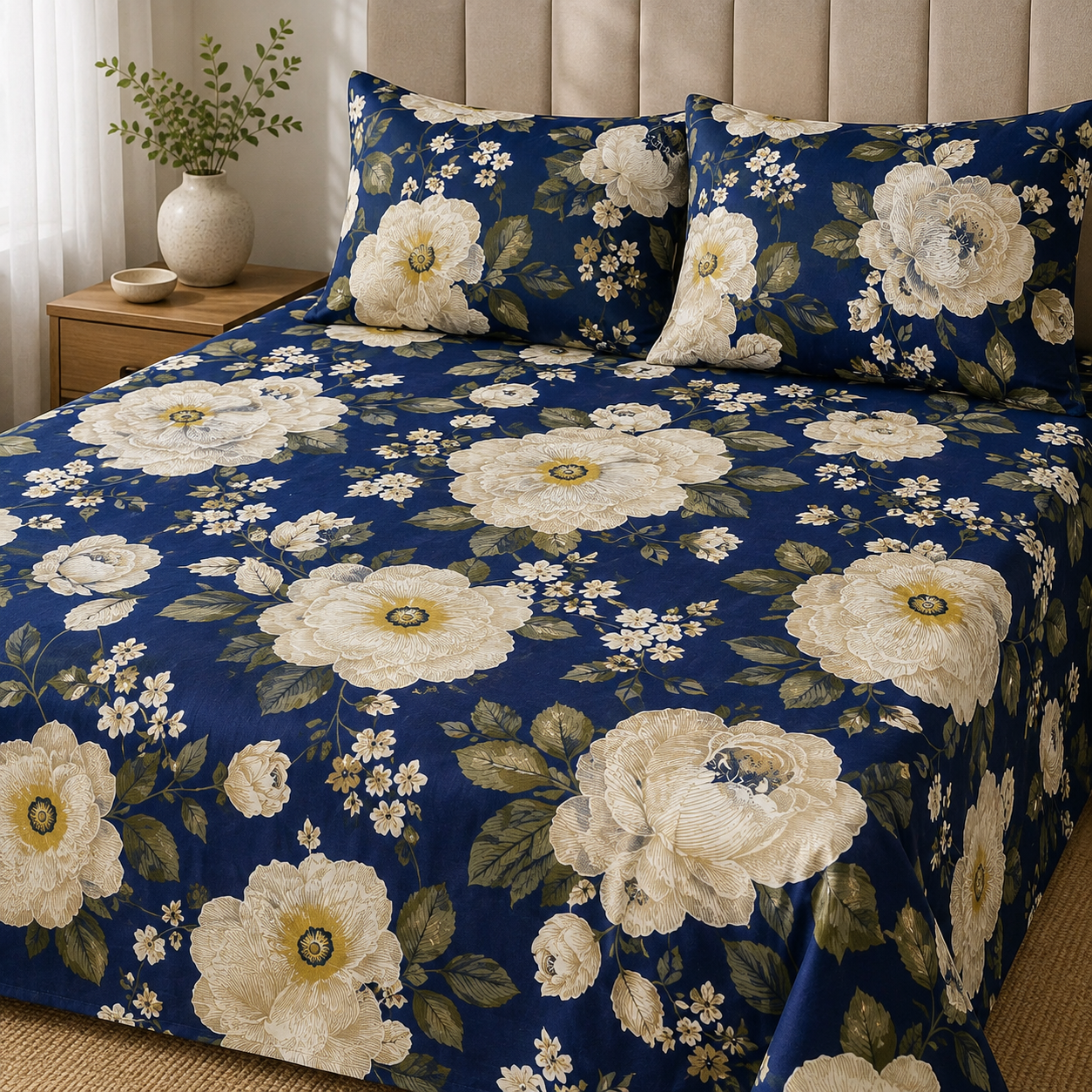 Royal Navy Floral Cotton Bedsheet Set