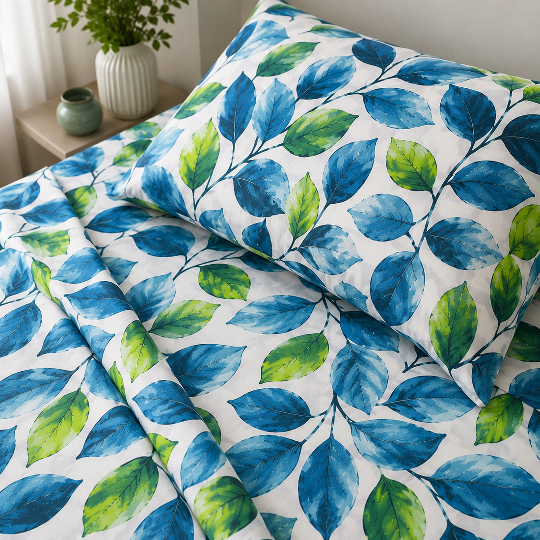 Blue Botanical Leaf Cotton Bedsheet Set