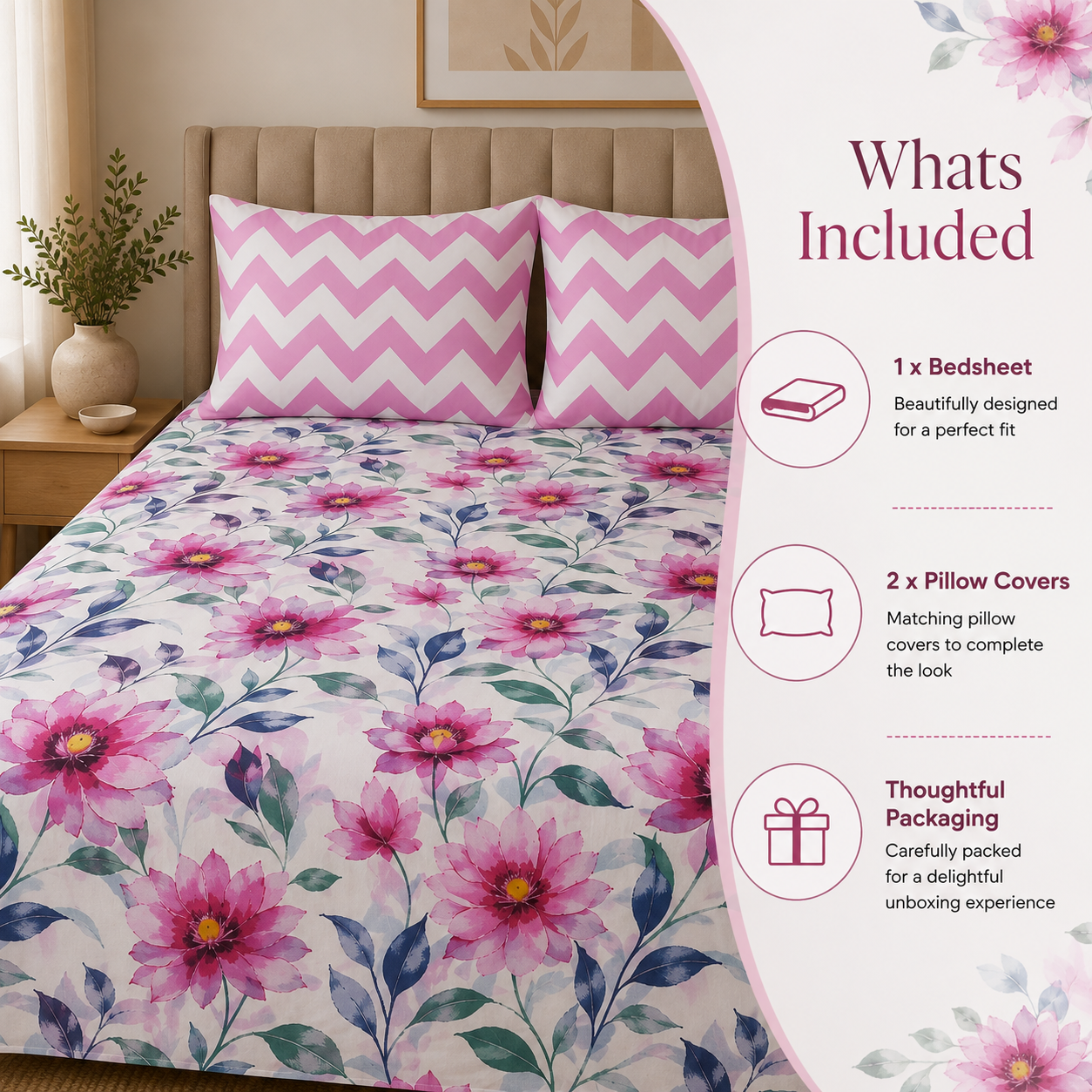 Blush Bloom Chevron Cotton Bedsheet Set
