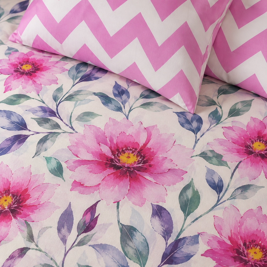 Blush Bloom Chevron Cotton Bedsheet Set