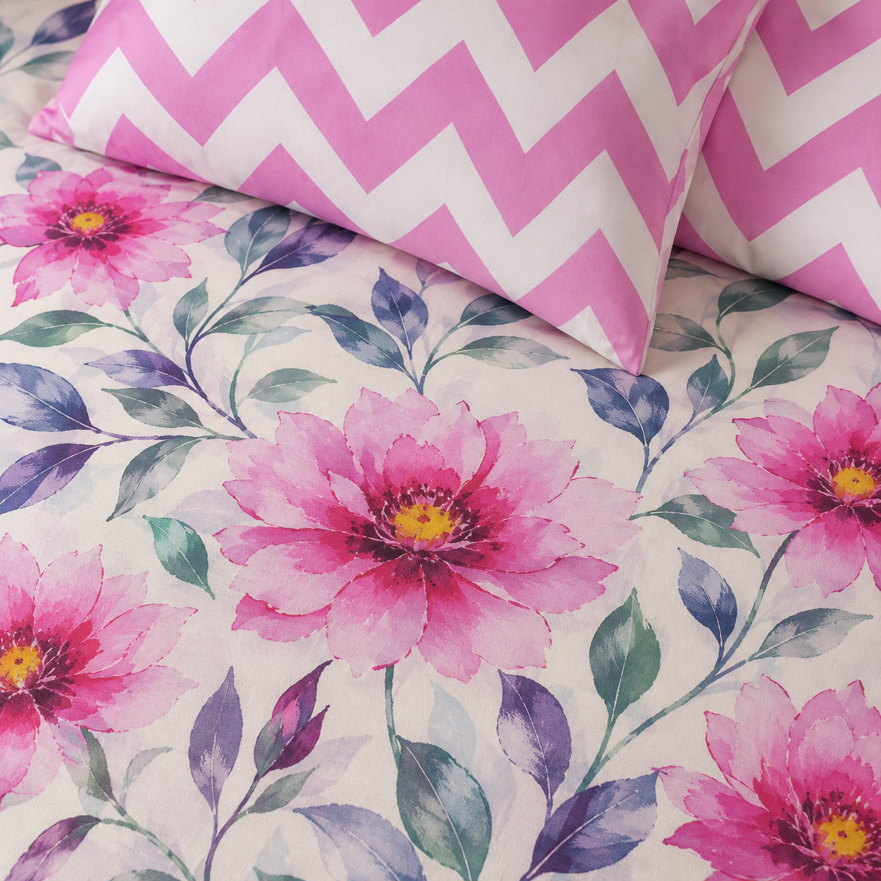 Blush Bloom Chevron Cotton Bedsheet Set