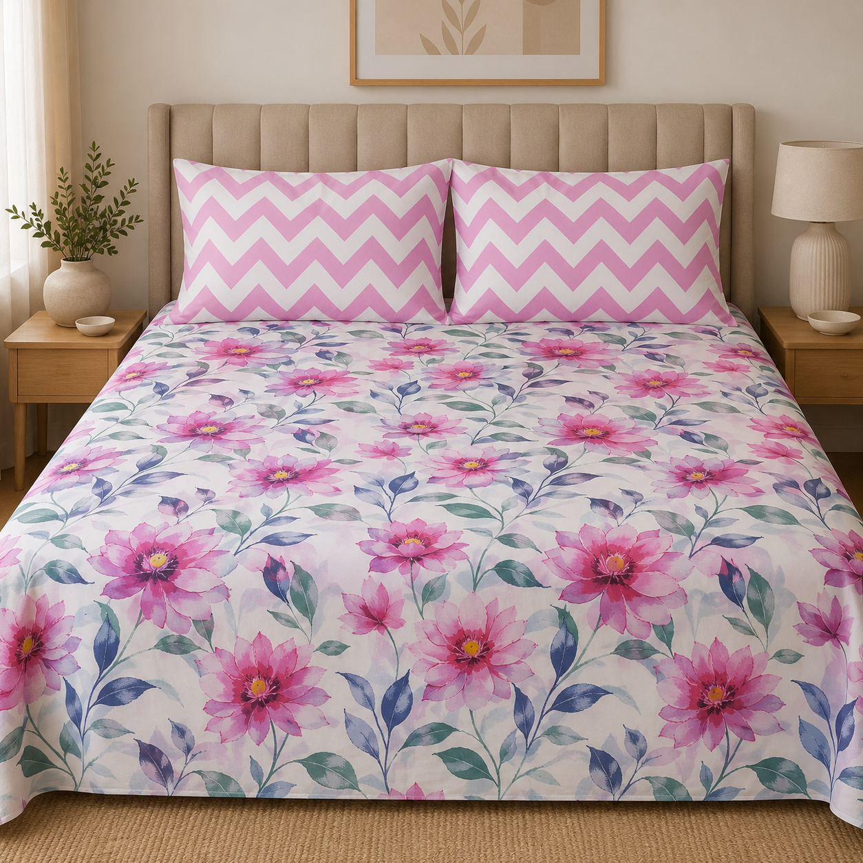 Blush Bloom Chevron Cotton Bedsheet Set