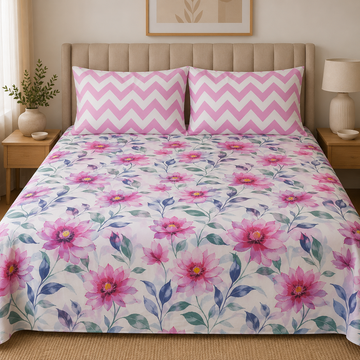 Blush Bloom Chevron Cotton Bedsheet Set