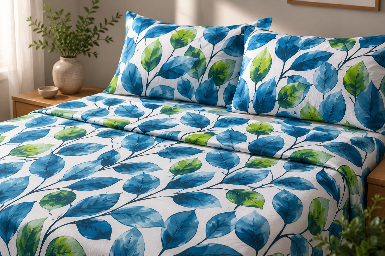 Blue Botanical Leaf Cotton Bedsheet Set