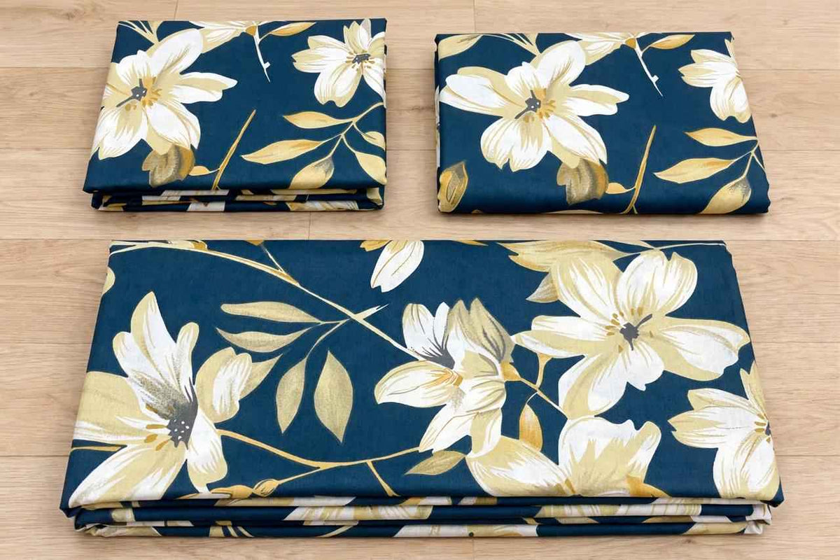 Teal & Ochre Floral Pure Cotton Bedsheet Set