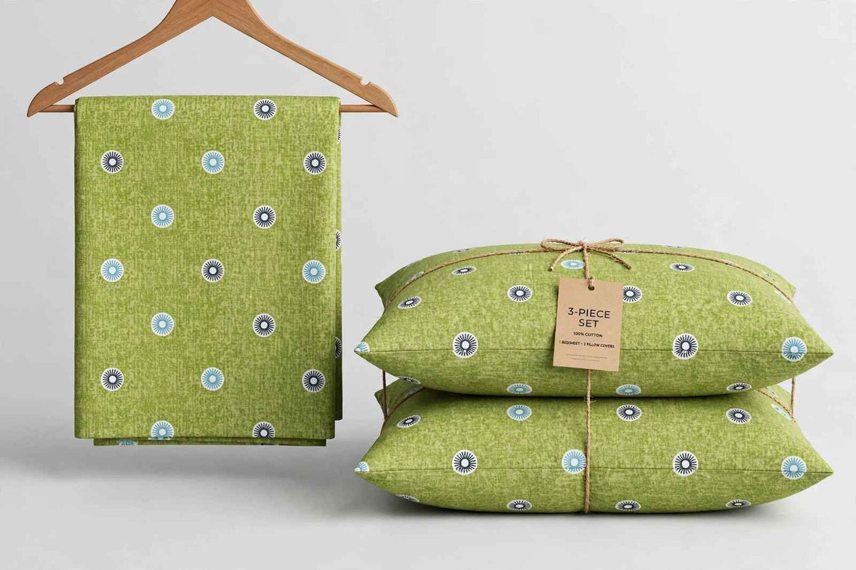 Olive Green Geometric Medallion Pure Cotton Bedsheet Set